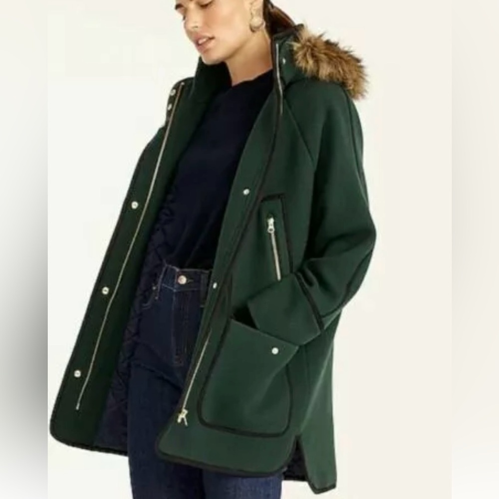 J Crew Summit Parka in Italian Stadium Cloth Wool Dark Forest. Size 00 - Picture 1 of 13